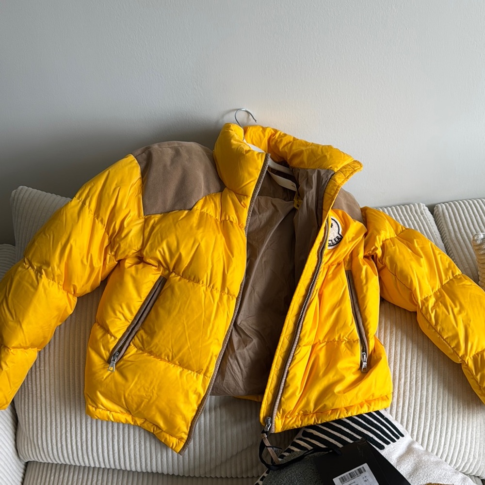 Moncler X Palm Angels Logo Patch Padded Jacket Yellow and Tan Puffer Jacket